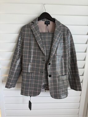 Giorgio Armani Men's Plaid Blazer in Beige, Black and Pink Accent